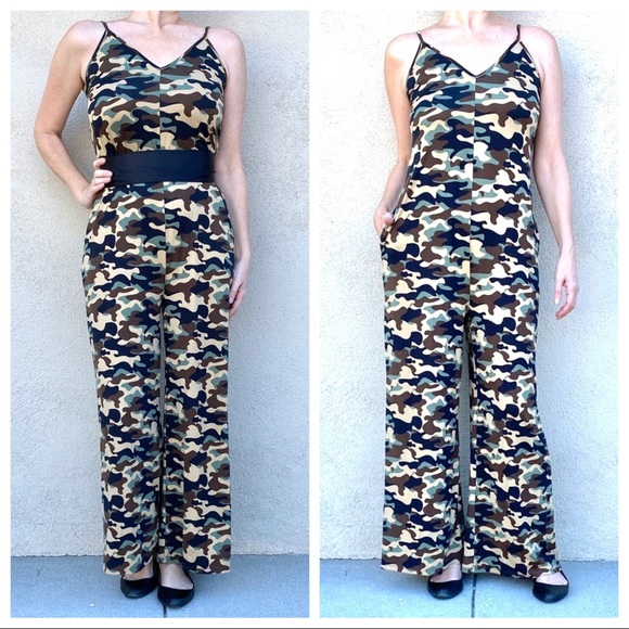 boutique Pants - CAMO jumper suit pantsuit jumpsuit green black camouflage POCKETS wide leg pants